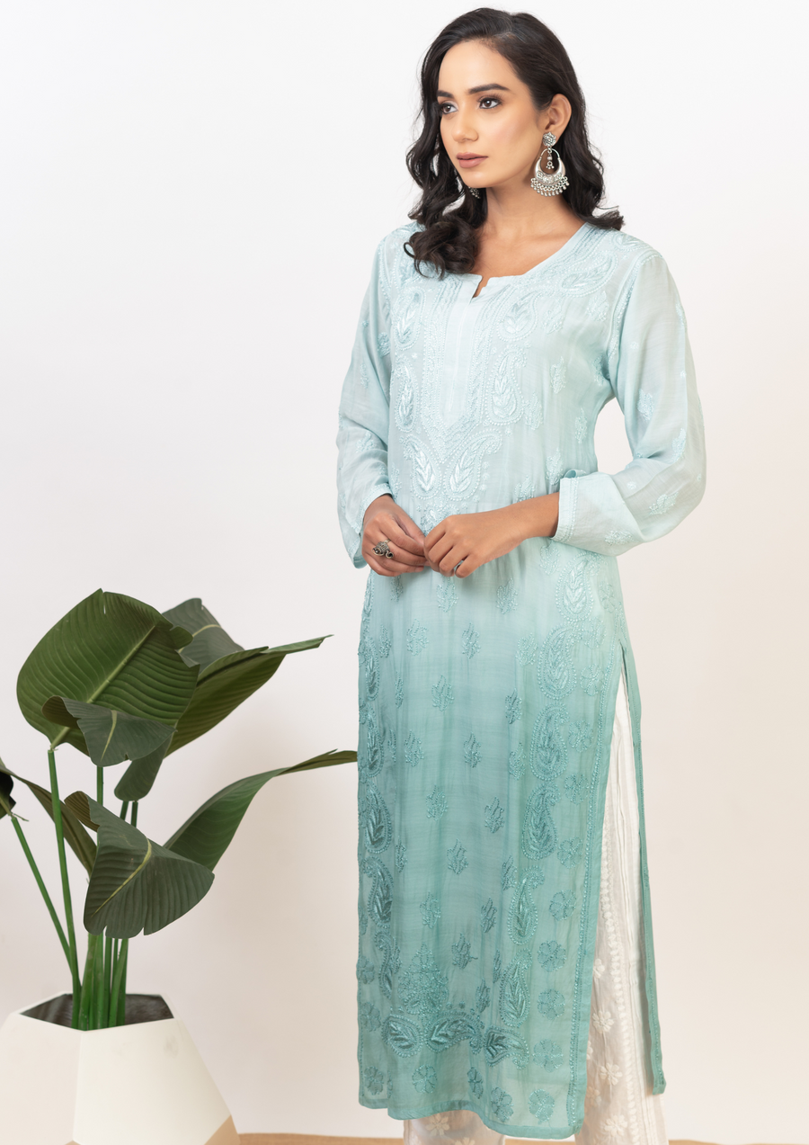 Muslin Chikankari Long Kurti - Ombre Teal Green