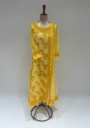 Georgette Chikankari Long A-Line Kurti - Sunflower Yellow