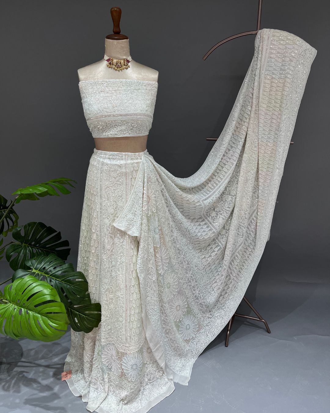 Pure Georgette Chikankari Unstitched Lehnga - Ivory & Multicolour