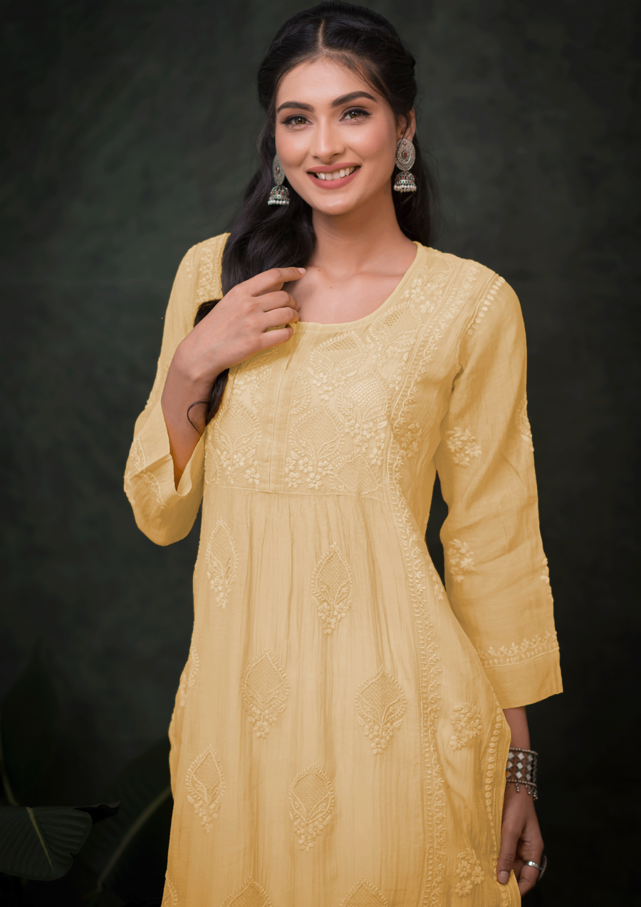 Mul Chikankari Long Kurti - Parmesan Yellow