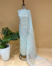 Organza Chikankari Unstitsched Kurta And Dupatta Set - Sea Blue