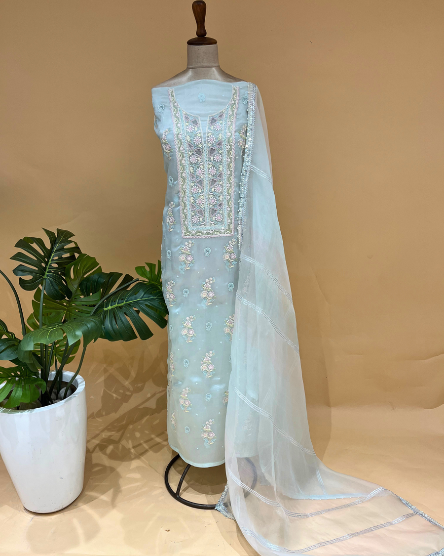 Organza Chikankari Unstitsched Kurta And Dupatta Set - Sea Blue