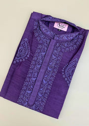 Munga Silk Chikankari Stitched Mens Kurta - Purple