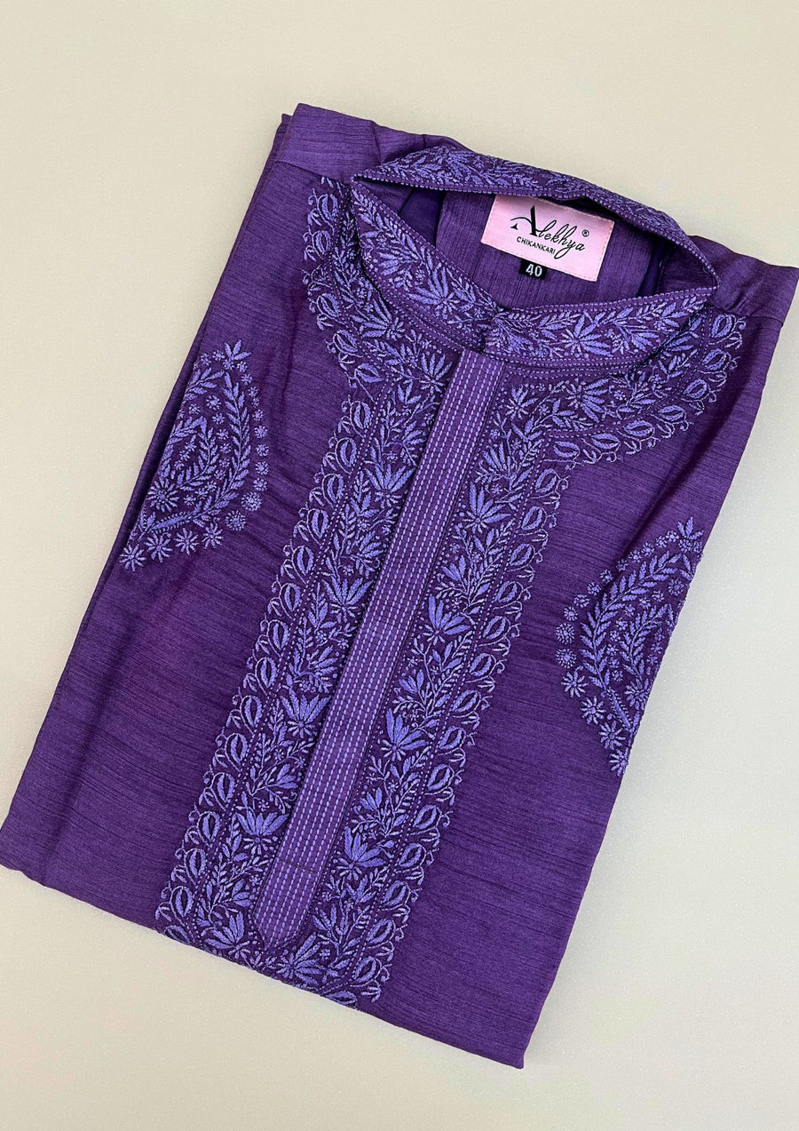 Munga Silk Chikankari Stitched Mens Kurta - Purple