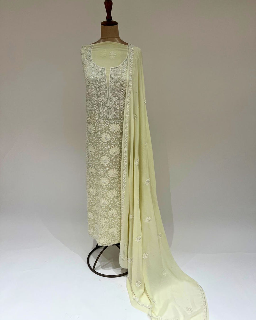 Pure Georgette Chikankari Unstitched 2pc Suit - Lime Yellow