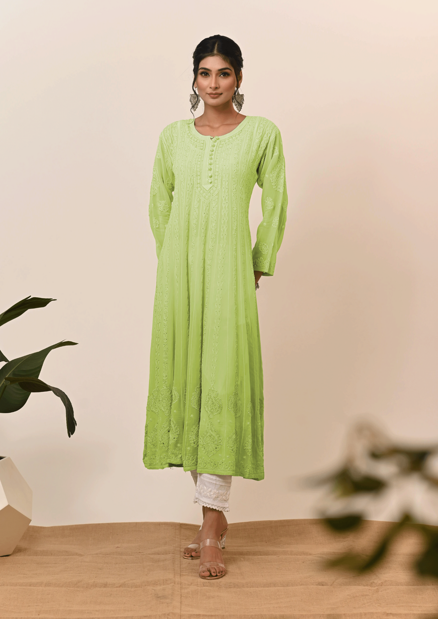 Georgette Anarkali Chikankari Kurta- Ombre Lime Green