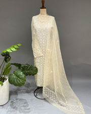 Organza Chikankari Unstitch 2Pc Suit - Ivory