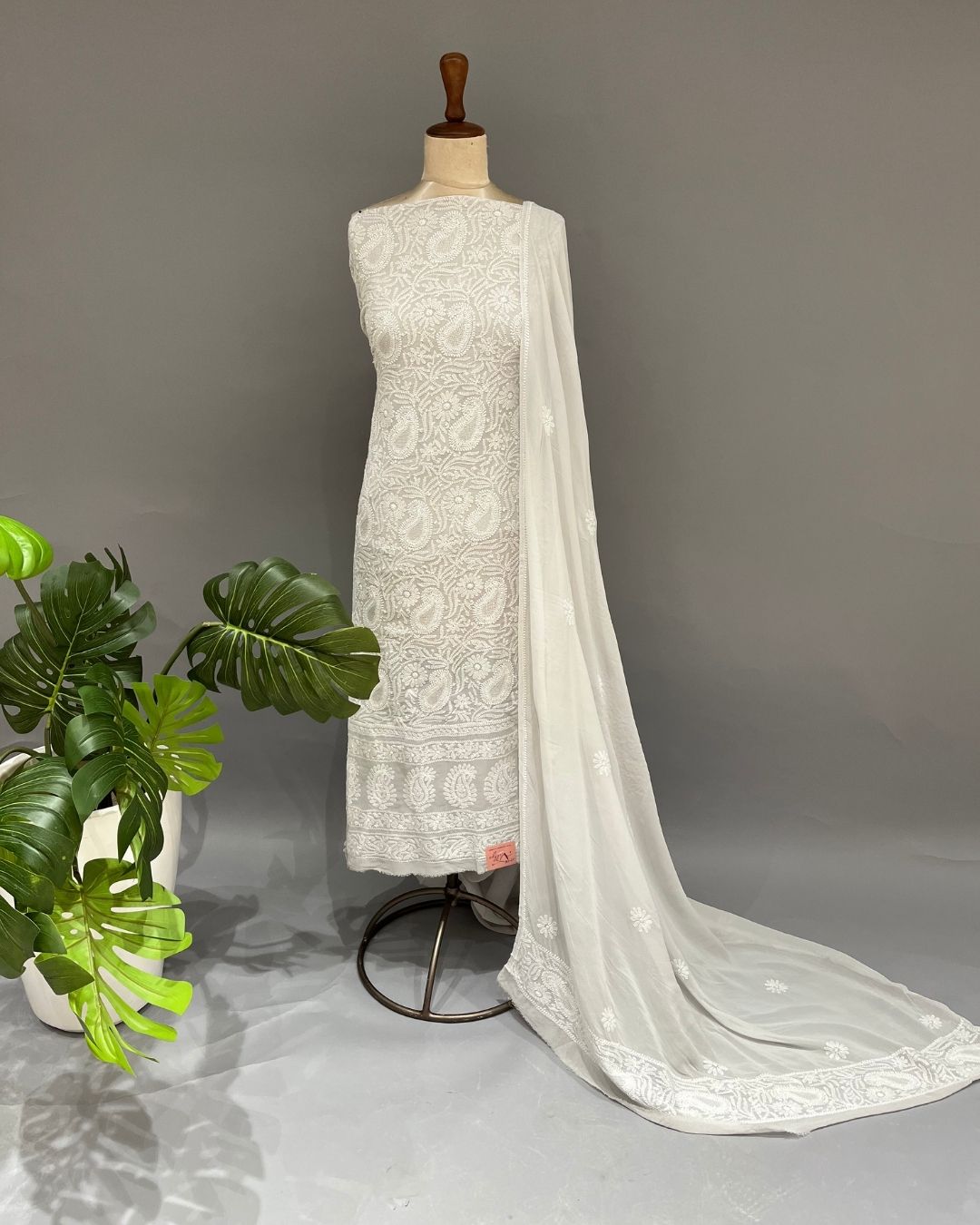 Viscose Georgette Chikankari Unstitched Anarkali - Silver Grey