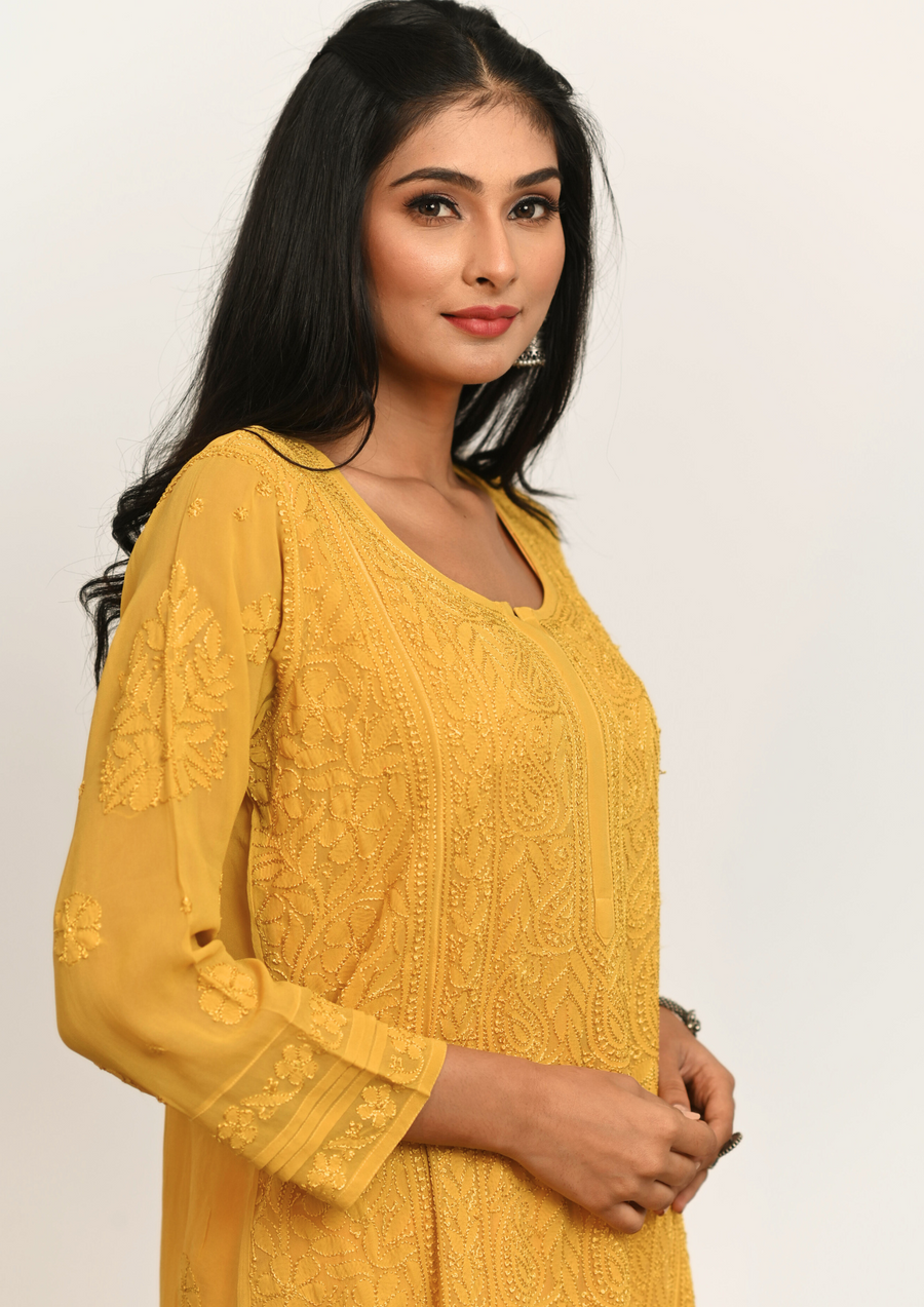 Georgette Chikankari Kurti - Amber yellow