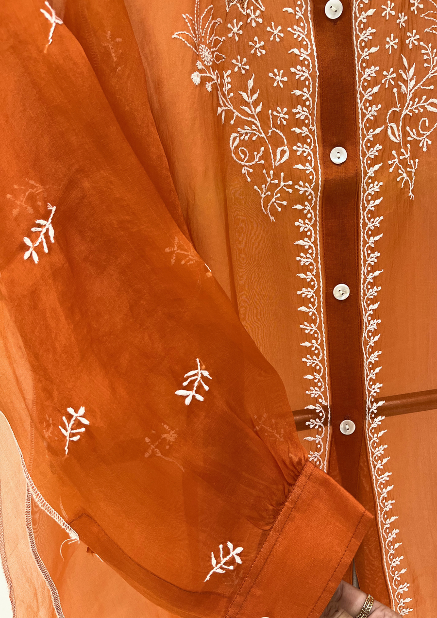 Chikankari Organza Shirt - Burnt Orange