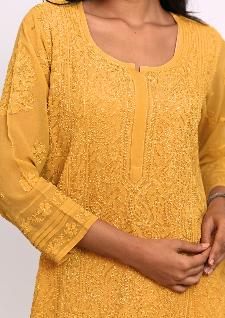 Georgette Chikankari Kurti - Amber yellow