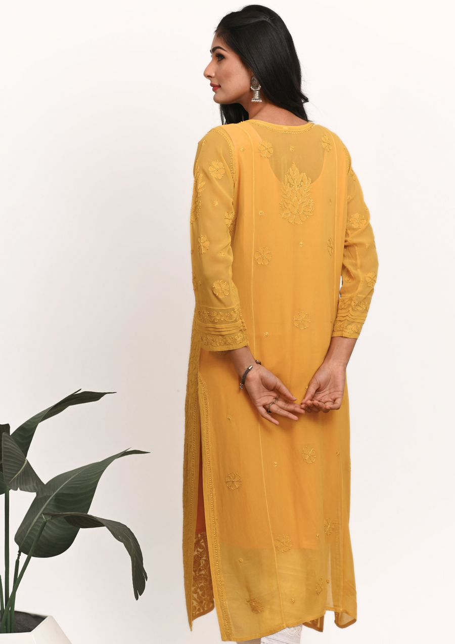 Georgette Chikankari Kurti - Amber yellow