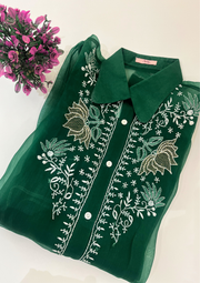 Chikankari Organza Shirt - Emerald Green
