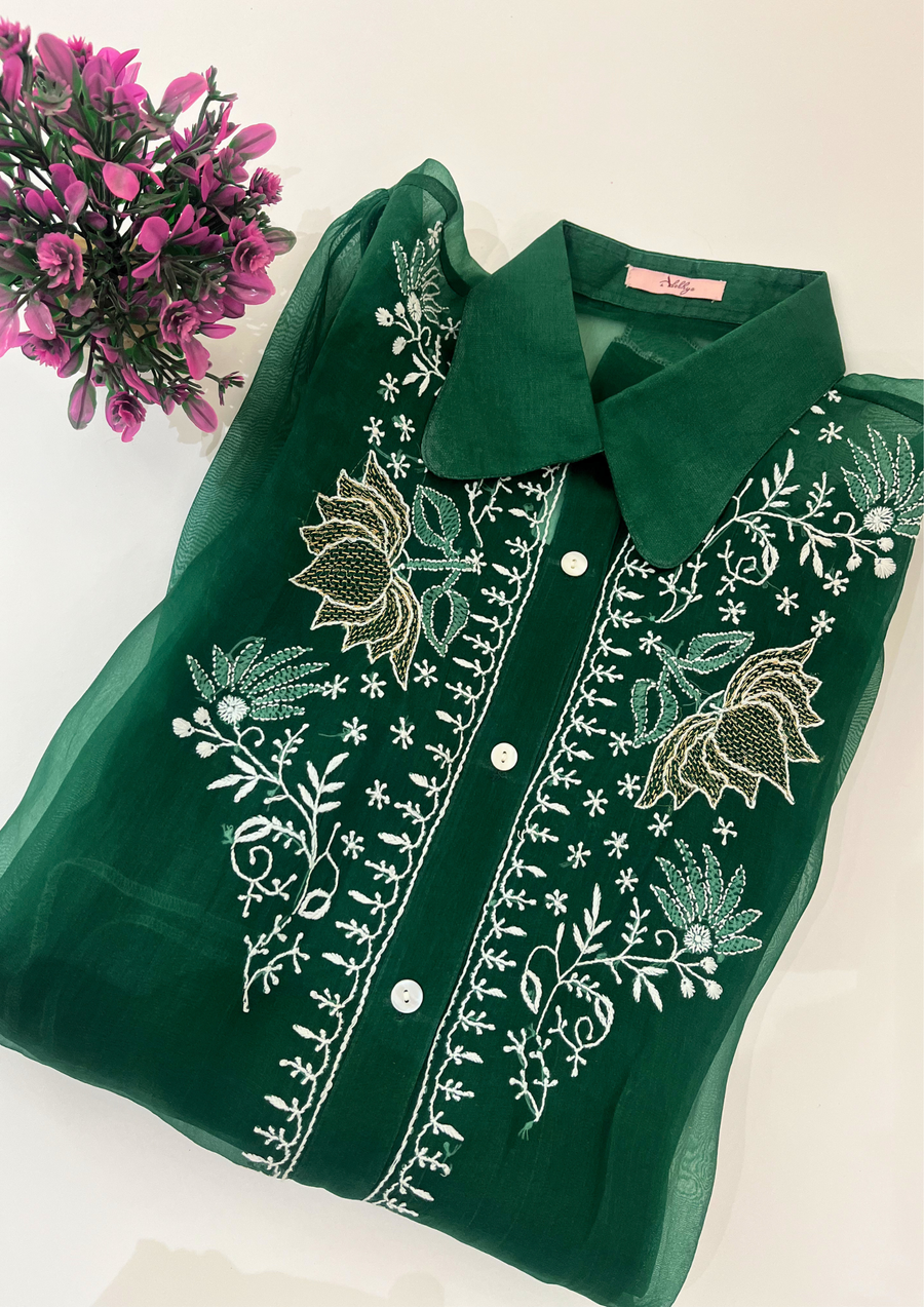 Chikankari Organza Shirt - Emerald Green