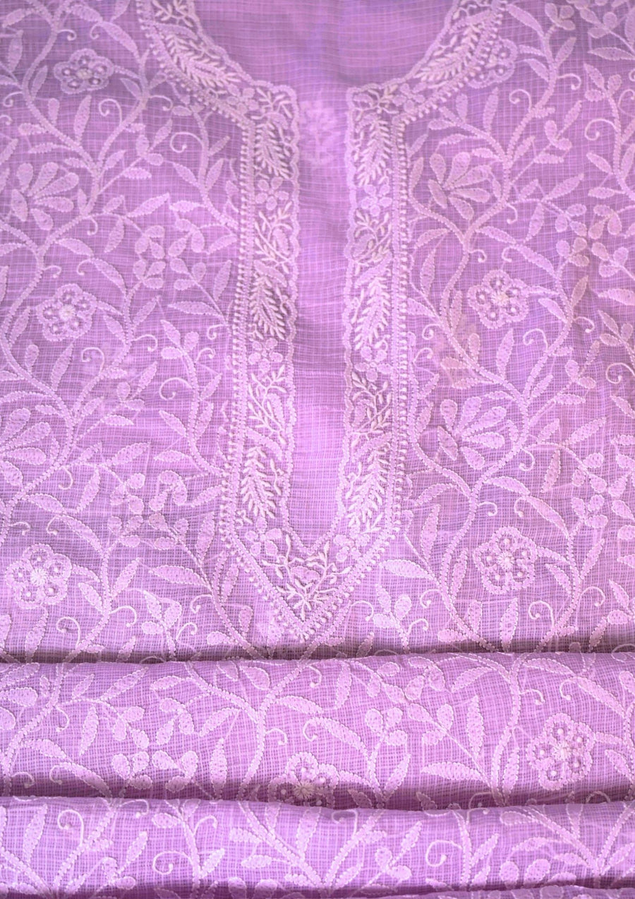 Women's Handcrafted Kota Cotton Chikankari Unstitched  Kurta And Dupatta Set LILAC -  SC242065