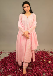 Women's Handcrafted  Kurta Dupatta and pant Set - Powder pink organza