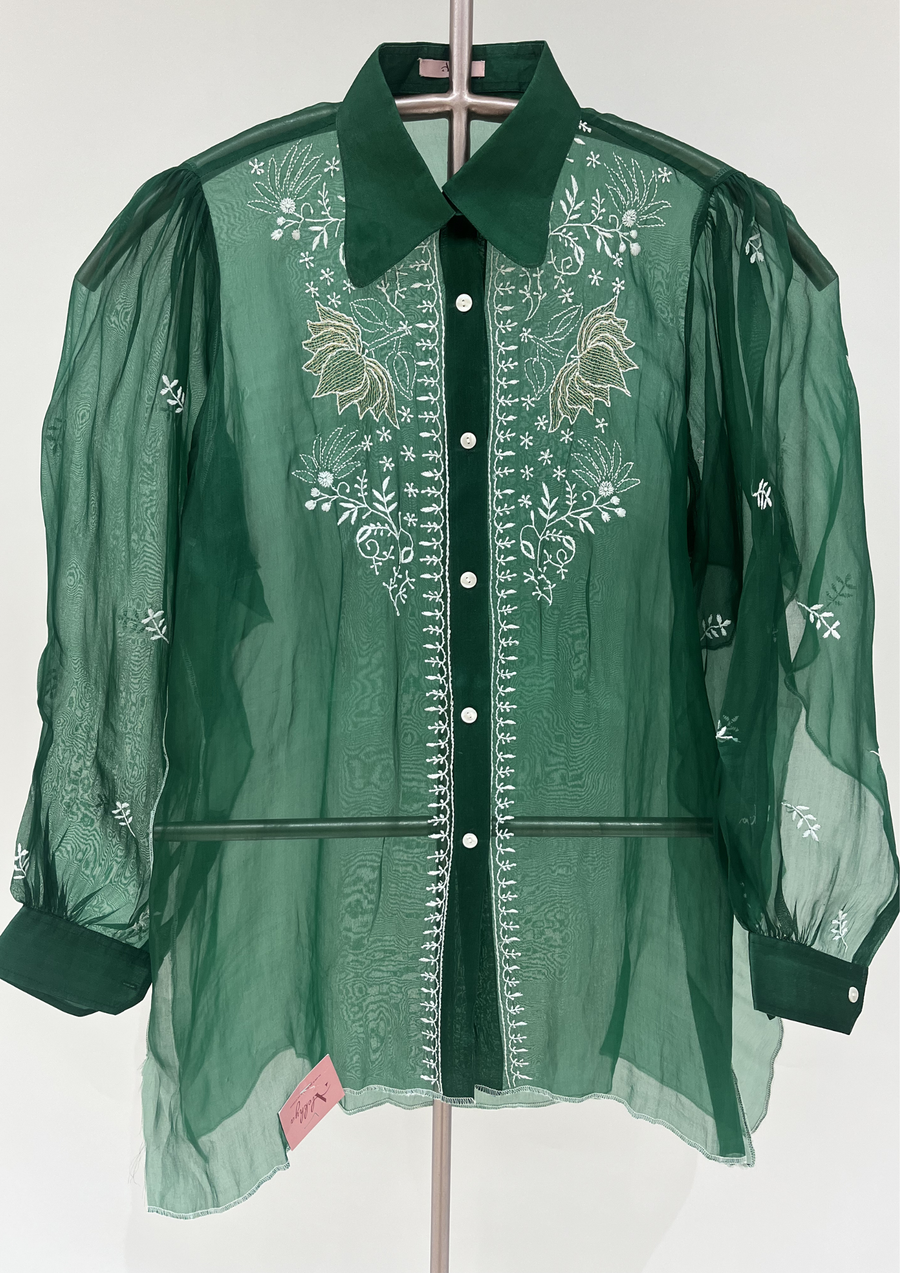 Chikankari Organza Shirt - Emerald Green