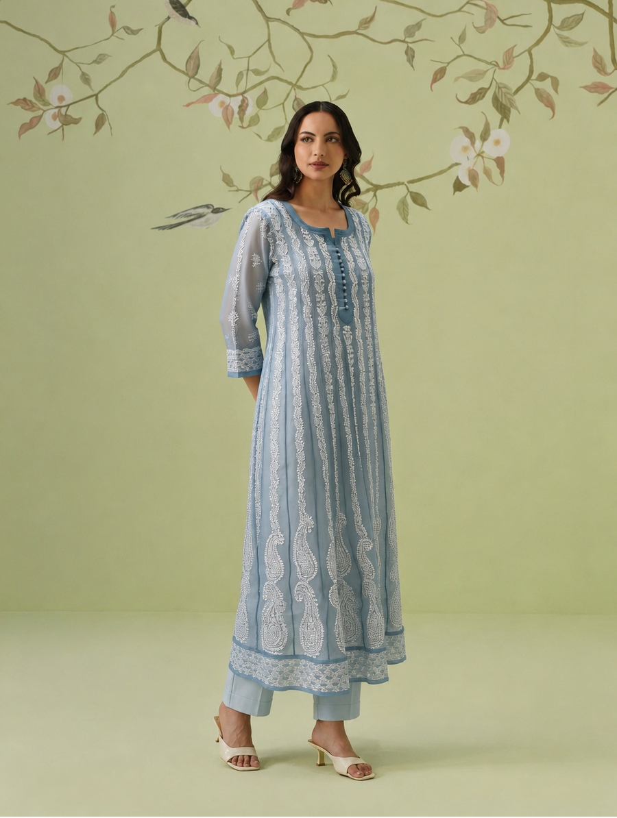 Georgette Anarkali Chikankari Kurta - Riple Blue