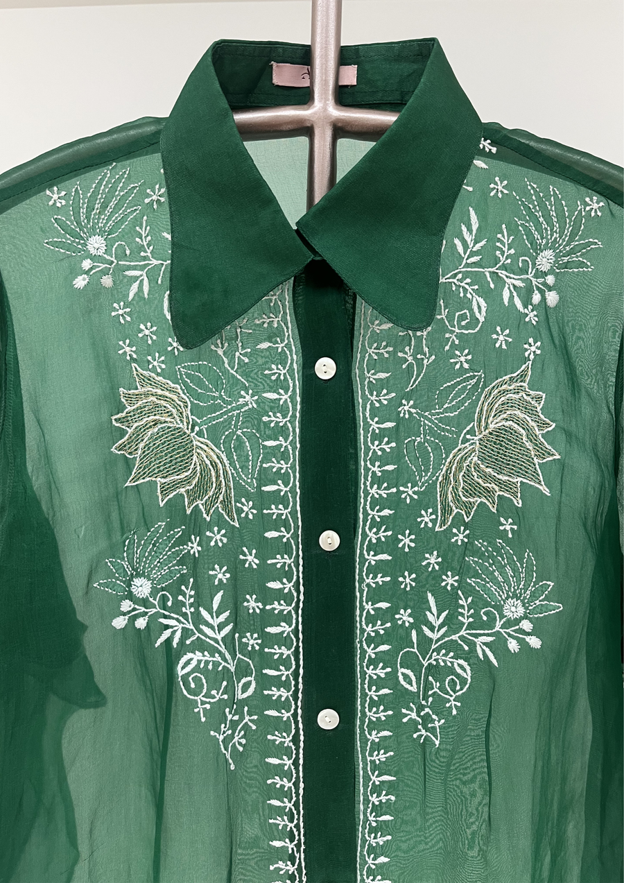 Chikankari Organza Shirt - Emerald Green