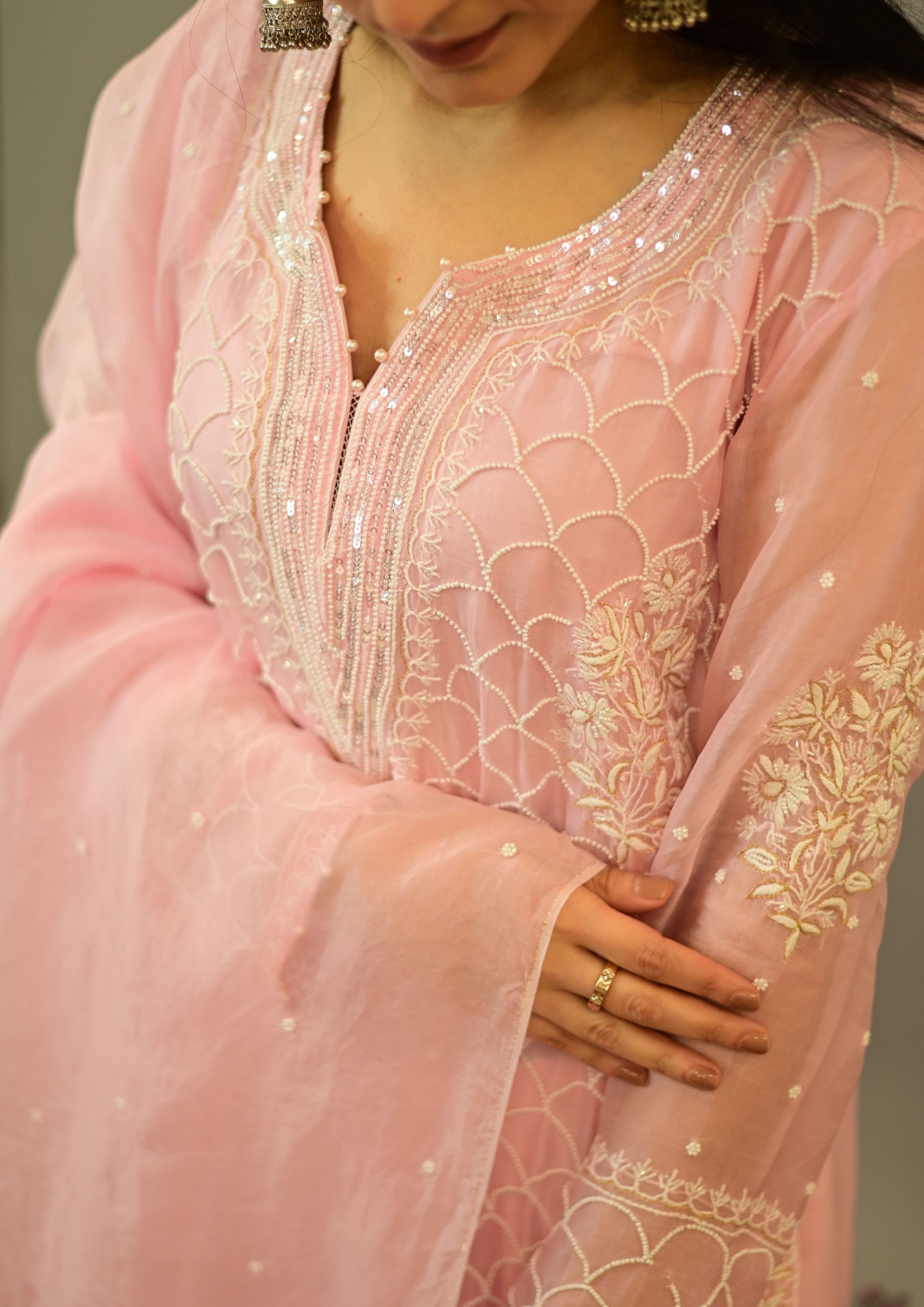 Women's Handcrafted  Kurta Dupatta and pant Set - Powder pink organza