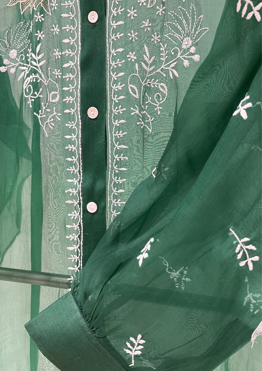 Chikankari Organza Shirt - Emerald Green