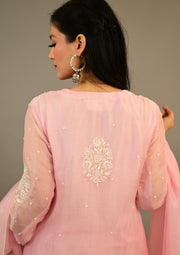 Women's Handcrafted  Kurta Dupatta and pant Set - Powder pink organza