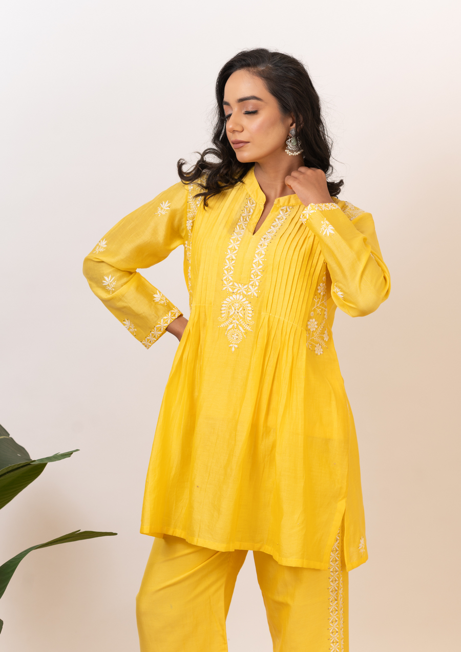 Chanderi chikankari coord set - bright yellow