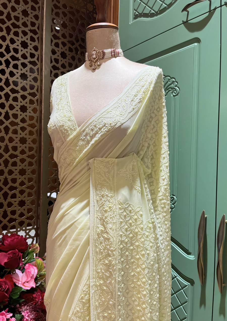 Chikankari Viscose Saree - Lime Yellow