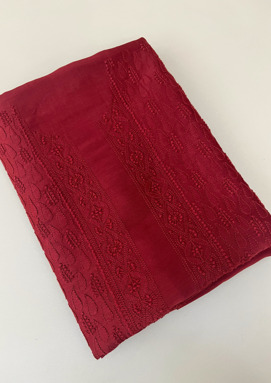 Chanderi Chikankari Unstitch Mens Kurta - Red