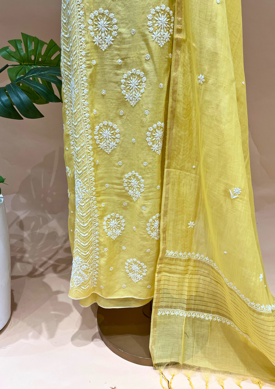 Chikankari Mul Chanderi Unstitched 2pc Suit - Sunshine Yellow