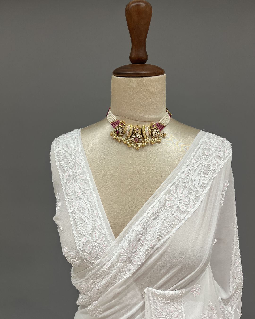 Viscose Chikankari Saree - White & Pink