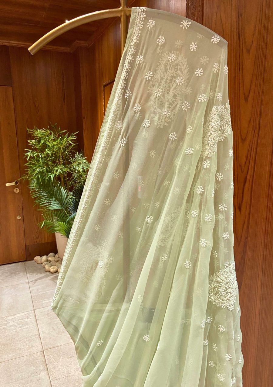Chikan Saree Georgette - Pista Green