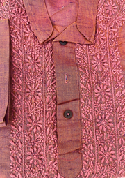 Linen Chikankari Stitched Mens Kurta- Rust