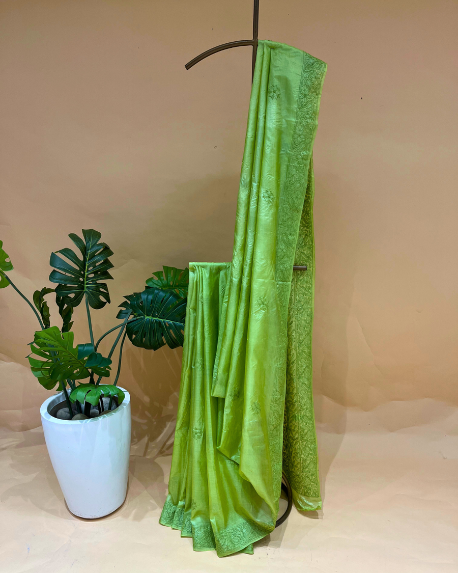 Chikankari Tussar Silk Saree - Lime Green