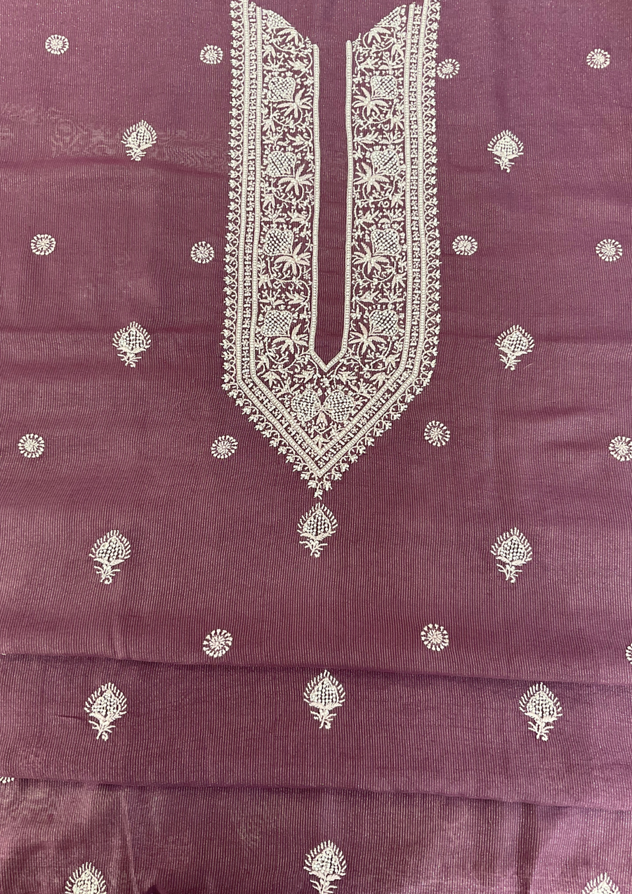 Silver Tissue Chikankari Unstitched Mens Kurta - Mellow Mauve