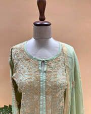 Chikankari Semistitched Tissue Straight Suit Set  - Jade Green