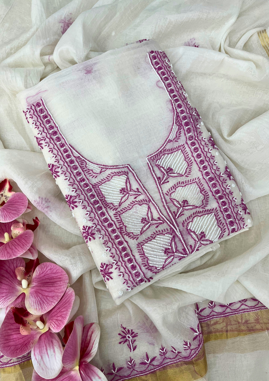 Chikankari Mul Chanderi Unstitched Suit - White and Plum