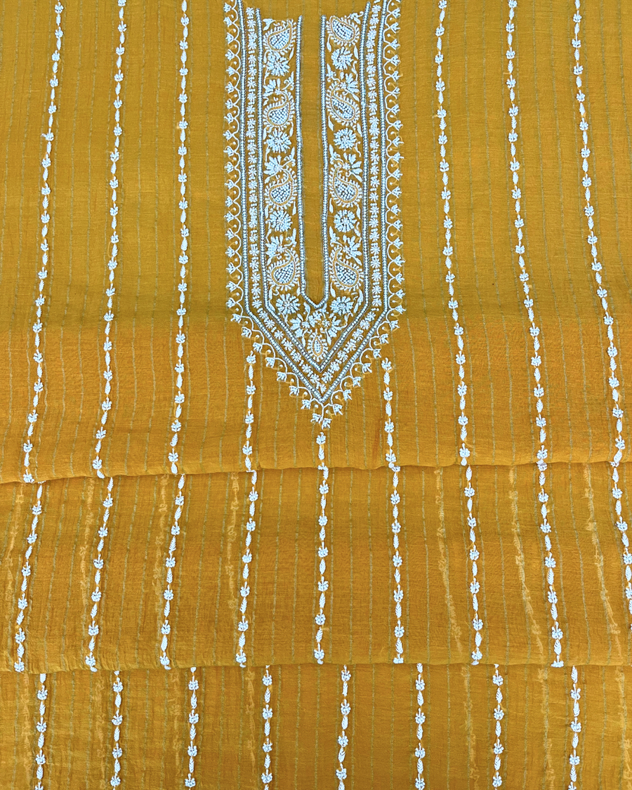 Mul Chanderi Chikankari Unstitched Mens Kurta - Mango Yellow