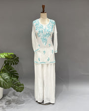 Cotton Chikankari Short Kurti - White & Sky Blue