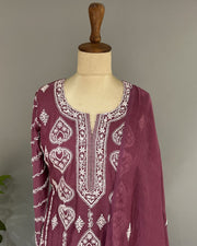 Mul Chanderi Chikankari Stitch 3 pc Suit - Wine