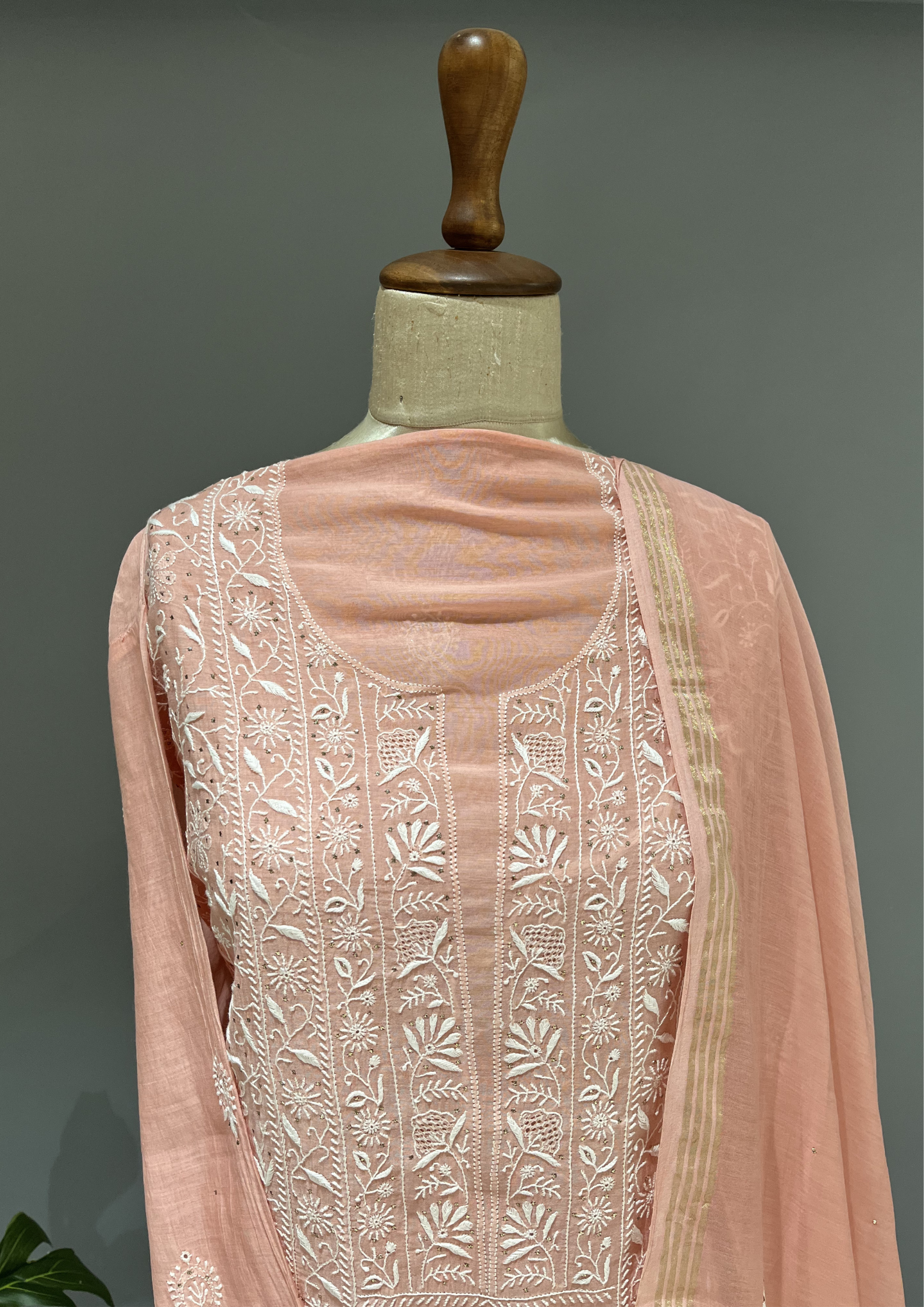 Chikankari Mul Unstitched Kurta And Dupatta Set - Rose Gold