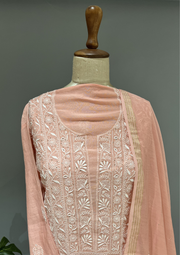 Chikankari Mul Unstitched Kurta And Dupatta Set - Rose Gold