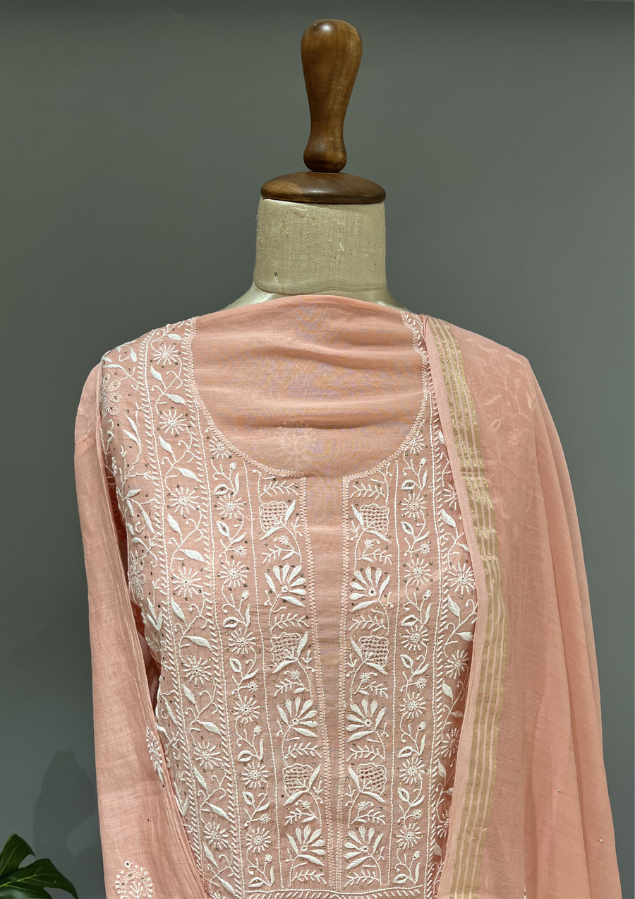 Chikankari Mul Unstitched Kurta And Dupatta Set - Rose Gold