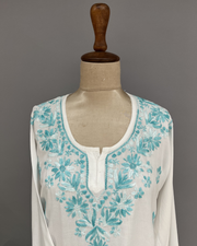 Rayon Chikankari Short Kurti - White and Sea Blue