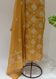Mul Chanderi Chikankari Unstitched Suit - Mustard Yellow