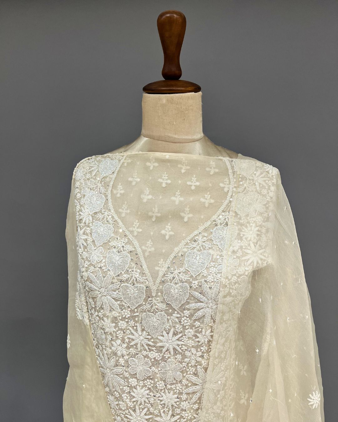 Organza Chikankari Unstitch 2Pc Suit - Ivory