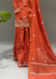 Chikankari Mul Chanderi Sharara Suit SET - Vermillion Orange