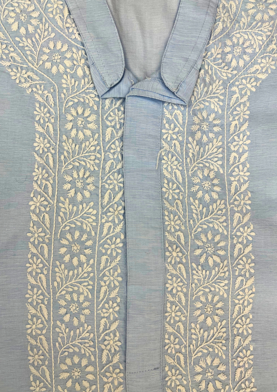 Cotton Chikankari Stitched Mens Kurta - Powder Blue