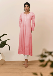 Georgette Anarkali Chikankari Kurta - Ombre Rose Pink