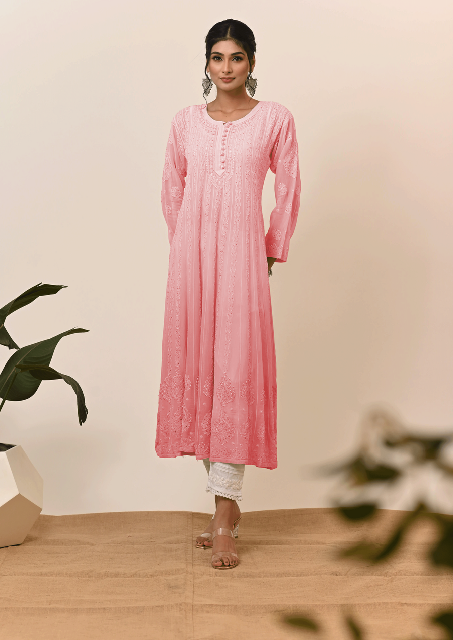 Georgette Anarkali Chikankari Kurta - Ombre Rose Pink
